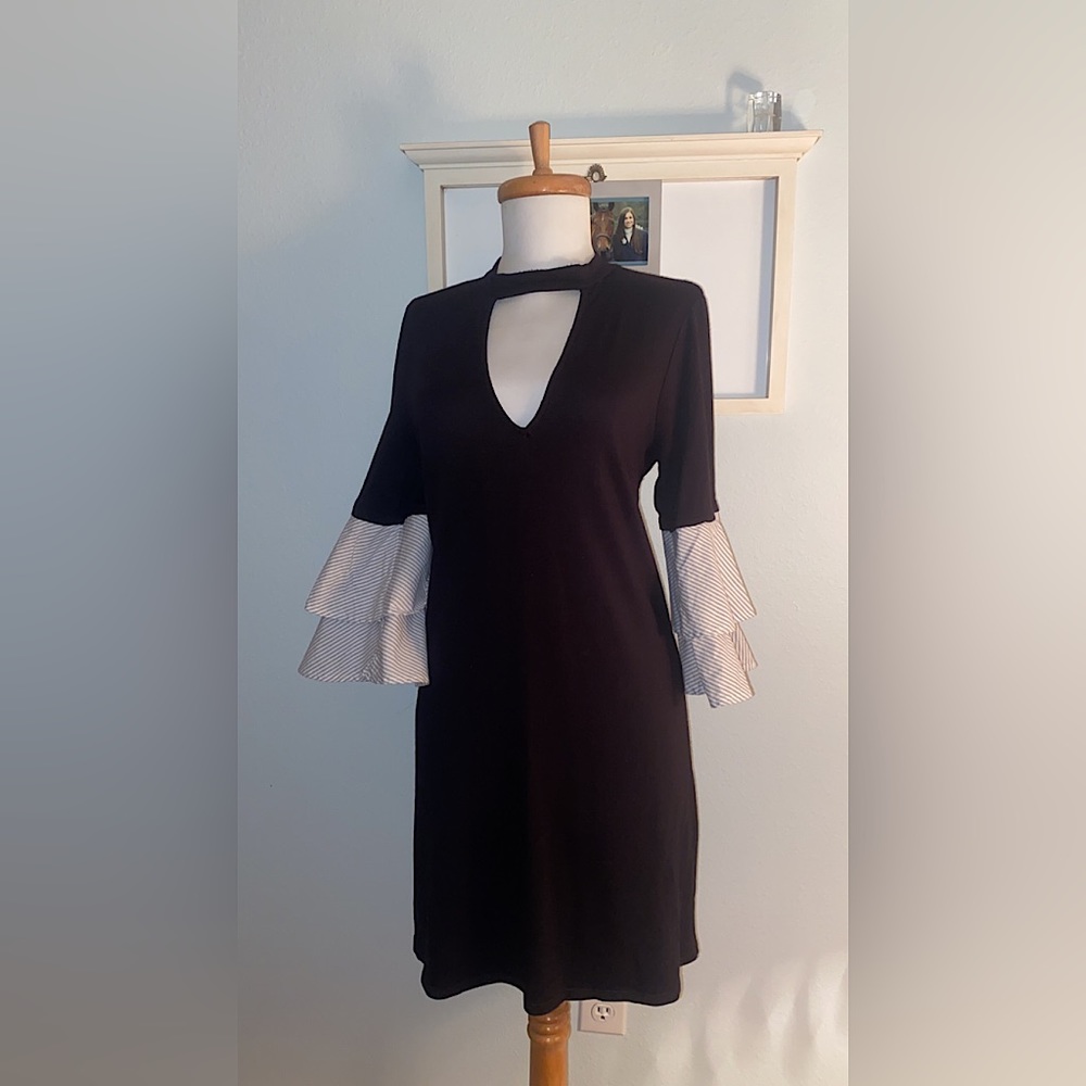 Socialite Black Dress with Pinstripe Sleeves
